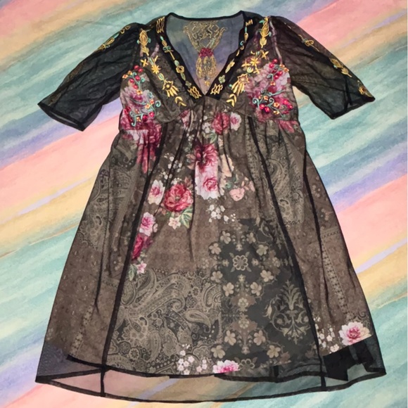 Wayward Fancies Graphic Embroidery Tulle Overlay Floral Print Crepe Empire Dress - Picture 2 of 10